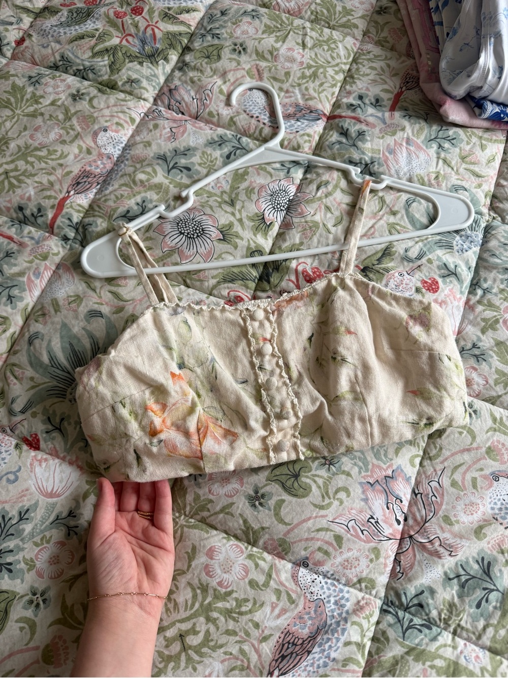 LoveShackFancy Cream Floral Button-Front Cropped Cami